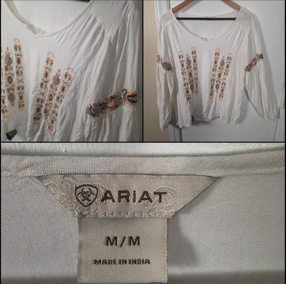Ariat Women’s Embroidered Blouse Top Sz M Boho Aztec Western Peasant Prairie